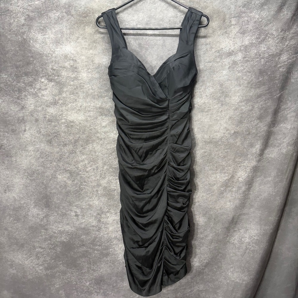 Y2K Cache Black Silk Satin Ruched Bodycon Midi Cocktail Dress Size 10 Sexy Glam